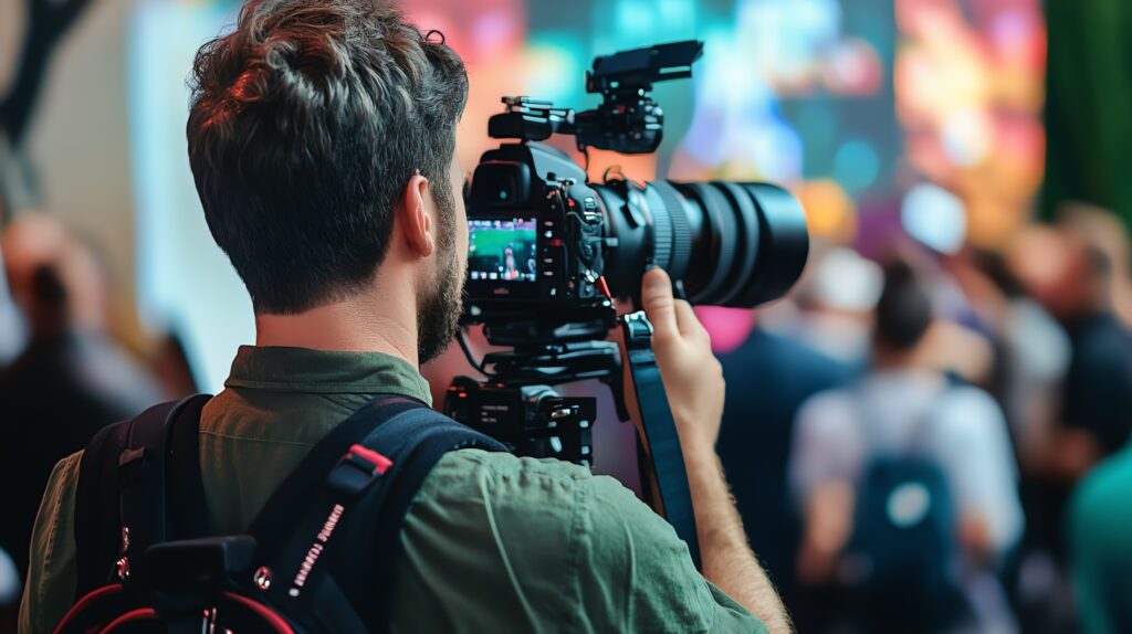 man films crowd with professional video camera